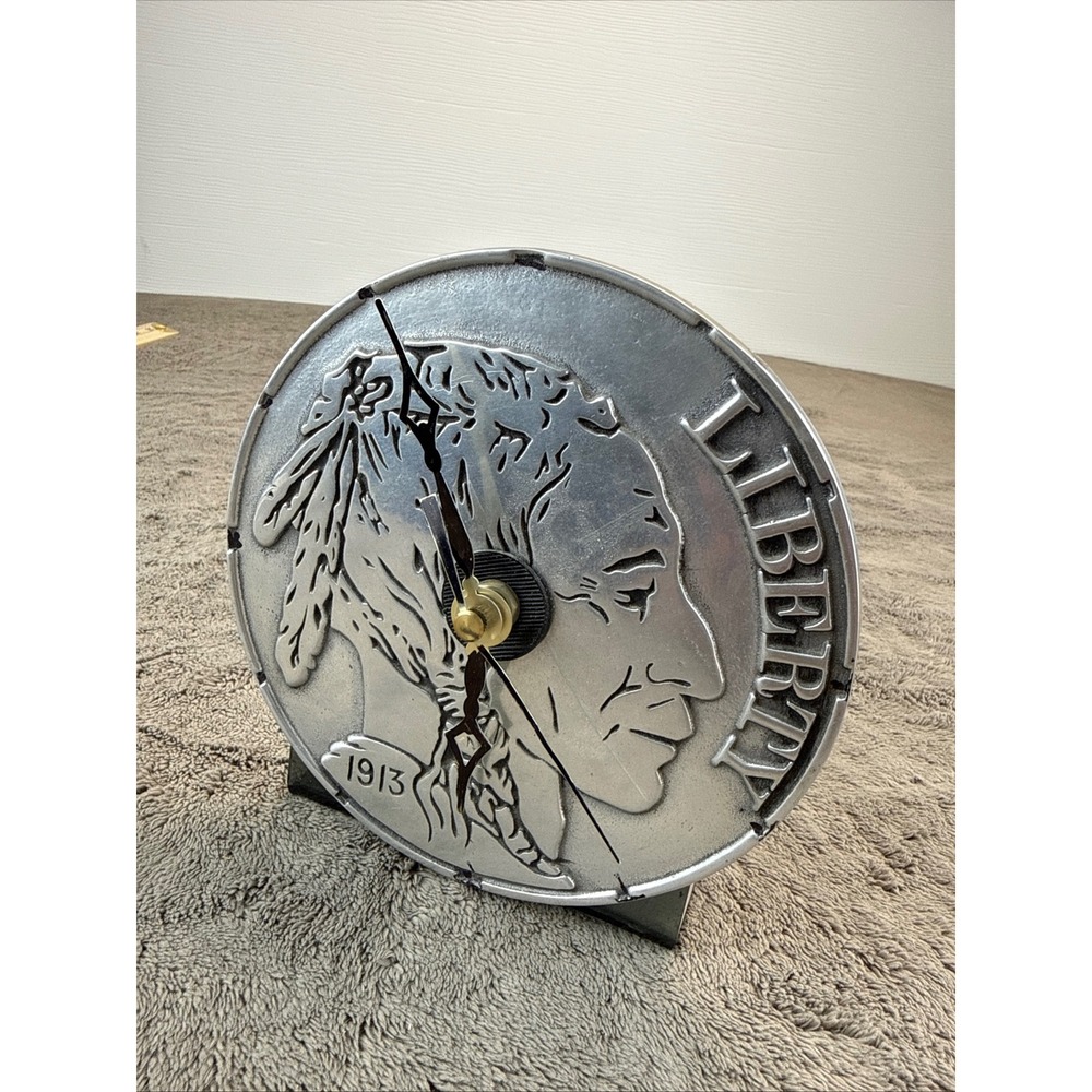 Vintage Buffalo Nickel 1913 Indian Head Coin Desk Clock Silver Quartz Movement
